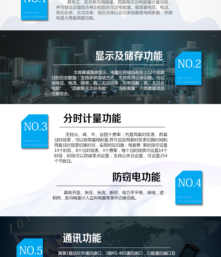 海興DTSD208三相四線電能表主要功能
　　計量功能
　　具有正、反向有功電能量、四象限無功電能量計量功能，并可據(jù)此設(shè)置組合有功和組合無功電能量
　　分時計量功能
　　支持尖、峰、平、谷四個費率;內(nèi)置兩套時區(qū)表、兩套日時段表，可以按需編程配置,并可設(shè)定兩套時區(qū)表切換時間和兩套日時段表切換時間，實現(xiàn)相互切換;每套費率時段可設(shè)置14個時區(qū)、8個日時段表、4個費率(尖、峰、平、谷)，每個日時段表可設(shè)置14個時段，時段可以跨越零點設(shè)置;支持公休日設(shè)置，可設(shè)置254個節(jié)假日。
　　測量功能
　　能測量電壓、電流、有功功率、無功功率、視在功率以及功率因數(shù)等電網(wǎng)參數(shù)，并具有最大需量測量功能。測量準確度高，可提供0.5S級、1.0級等不同計量精度供選擇。
　　數(shù)據(jù)存儲功能
　　電量可存儲當前及上12個結(jié)算日的歷史數(shù)據(jù);支持多種凍結(jié)方式，包括：日凍結(jié)、整點凍結(jié)、定時凍結(jié)、瞬時凍結(jié)、約定凍結(jié)。支持負荷記錄功能。可記錄“電壓、電流、頻率”，“有、無功功率”，“功率因數(shù)”，“有、無功總電能”，“四象限無功總電能”，“當前需量”六類數(shù)據(jù)項且任意組合。負荷記錄間隔時間可以在1min～ 60min范圍內(nèi)設(shè)置。
　　事件記錄功能
　　分別記錄最近10次失壓、全失壓、斷相、失流、電壓逆相序、潮流反向、需量清零、編程、校時、開表蓋、停電、電量清零。
　　通信功能
　　具備1路遠紅外通訊接口、2路RS-485通訊接口，三路通訊端口互相獨立。通訊規(guī)約符合DL/T645-2007及其備案文件。
　　電源管理
　　輔助電源供電電壓為(100～240)V交、直流自適應(yīng)。輔助電源可設(shè)置為PT供電方式優(yōu)先或輔助電源供電方式優(yōu)先。
　　用戶交互界面
　　采用大屏幕液晶顯示，提供豐富的圖形或文字提示信息;顯示內(nèi)容可通過按鍵循環(huán)查詢，顯示項目可通過通信口按需配置;提供液晶背光，方便查看。支持停電喚醒功能，能通過按鍵或非接觸方式喚醒電能表，實現(xiàn)屏幕顯示抄讀電量和紅外通信口抄讀電量等數(shù)據(jù)。