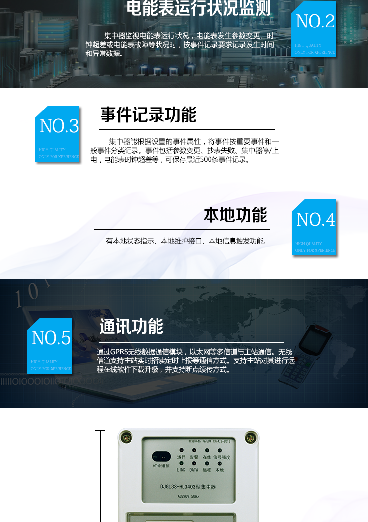 華立DJGL33-HL3403微型集中器主要功能
　　數(shù)據(jù)采集：能采集各電能表的實時電能示值、日零點凍結(jié)電能示值、抄表日零點凍結(jié)電能示值。帶有時標。
　　數(shù)據(jù)管理和存儲：能按要求對采集數(shù)據(jù)進行分類存儲，如日凍結(jié)數(shù)據(jù)、抄表日凍結(jié)數(shù)據(jù)、曲線數(shù)據(jù)、歷史月數(shù)據(jù)等。曲線凍結(jié)數(shù)據(jù)密度為1小時。集中器抄表數(shù)量最大為192只。集中器存儲容量為32M。
　　電能表運行狀況監(jiān)測：集中器監(jiān)視電能表運行狀況，電能表發(fā)生參數(shù)變更、時鐘超差或電能表故障等狀況時，按事件記錄要求記錄發(fā)生時間和異常數(shù)據(jù)。
　　參數(shù)設(shè)置和查詢功能：可主站遠程或手持設(shè)備本地設(shè)置和查詢檔案、通信參數(shù)等，
　　事件記錄：集中器能根據(jù)設(shè)置的事件屬性，將事件按重要事件和一般事件分類記錄。事件包括參數(shù)變更、抄表失敗、集中器停/上電，電能表時鐘超差等，可保存最近500條事件記錄。
　　本地功能：有本地狀態(tài)指示、本地維護接口、本地信息觸發(fā)功能
　　通訊功能：通過GPRS無線數(shù)據(jù)通信模塊，以太網(wǎng)等多信道與主站通信。無線信道支持主站實時招讀、定時上報等通信方式。支持主站對其進行遠程在線軟件下載升級，并支持斷點續(xù)傳方式。