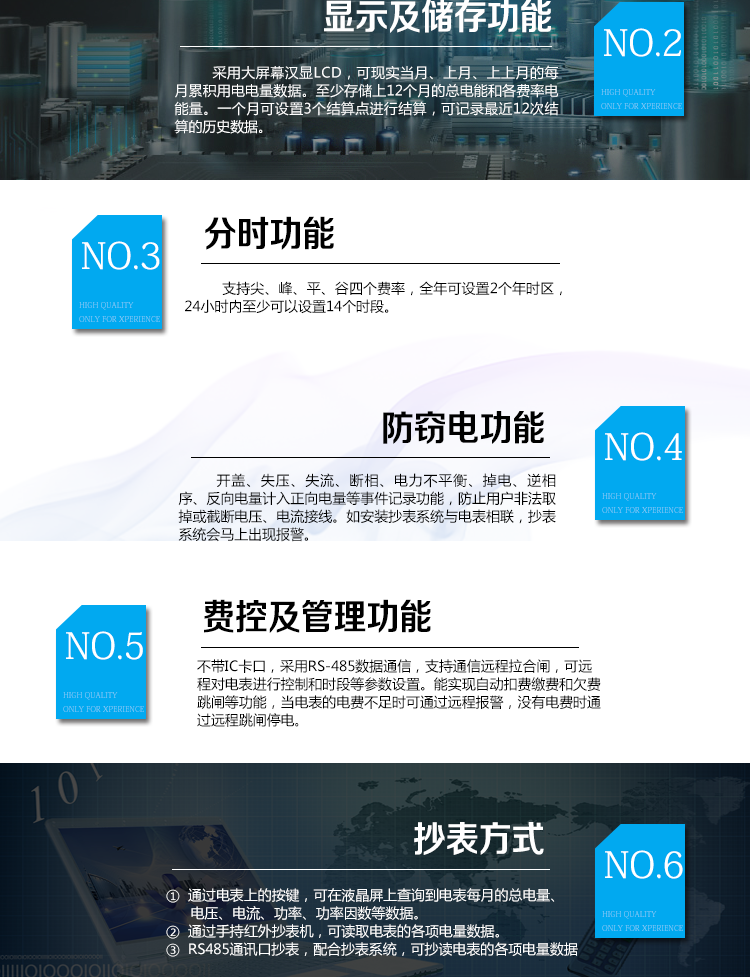 華立DDZY285-J電能表主要功能
　　電能計量功能
　　計量參數(shù)：具有正、反向組合有功電能的計量功能，組合有功電能可由正反向有功電能進行選擇性組合。
　　測量功能：能測量電壓、電流(包含零線)，有功功率以及功率因數(shù)等電網(wǎng)參數(shù)。
　　分時功能：支持尖、峰、平、谷四個費率，全年可設置2個年時區(qū)，24小時內(nèi)至少可以設置14個時段。
　　數(shù)據(jù)存儲：至少存儲上12個月的總電能和各費率電能量。一個月可設置3個結算點進行結算，可記錄最近12次結算的歷史數(shù)據(jù)。
　　顯示功能：采用大屏幕漢顯LCD，可現(xiàn)實當月、上月、上上月的每月累積用電電量數(shù)據(jù)。
　　防竊電功能
　　開蓋記錄功能，記錄開表蓋總次數(shù)，防止非法更改電路。
　　反向電量計入正向電量，用戶如將電流線接反，不具有竊電作用，電表照樣正向走字
　　具有記錄編程、掉電、校時、跳閘等事件發(fā)生的時刻以及事件發(fā)生時電能表狀態(tài)，防止用戶更改電表數(shù)據(jù)。
　　具有凍結和報警功能。
　　以上情況如發(fā)出，電表會出現(xiàn)報警標志，如安裝抄表系統(tǒng)與電表相聯(lián)，抄表系統(tǒng)會馬上出現(xiàn)報警。
　　費控功能
　　電表不帶IC卡口，采用RS-485和無線進行數(shù)據(jù)通信，支持通信遠程拉合閘。
　　費控管理功能
　　可通過遠程對電能表進行遠程拉、合閘控制和時段等參數(shù)設置，進而對用戶的用電實施遠程管理。
　　能實現(xiàn)自動扣費繳費的功能和欠費跳閘等功能，當電表的電費不足時可以通過遠程報警，沒有電費時通過遠程跳閘停電，操作管理十分方便。
　　抄表方式
　　通過電表上的按鍵，可在液晶屏上查詢到電表每月的總電量、電壓、電流、功率、功率因數(shù)等數(shù)據(jù)。
　　通過手持紅外抄表機，可讀取電表的各項電量數(shù)據(jù)。
　　RS485通訊口抄表，配合抄表系統(tǒng)，可抄讀電表的各項電量數(shù)據(jù)。并支持DL/T645-2007多功能電能表通訊規(guī)約。