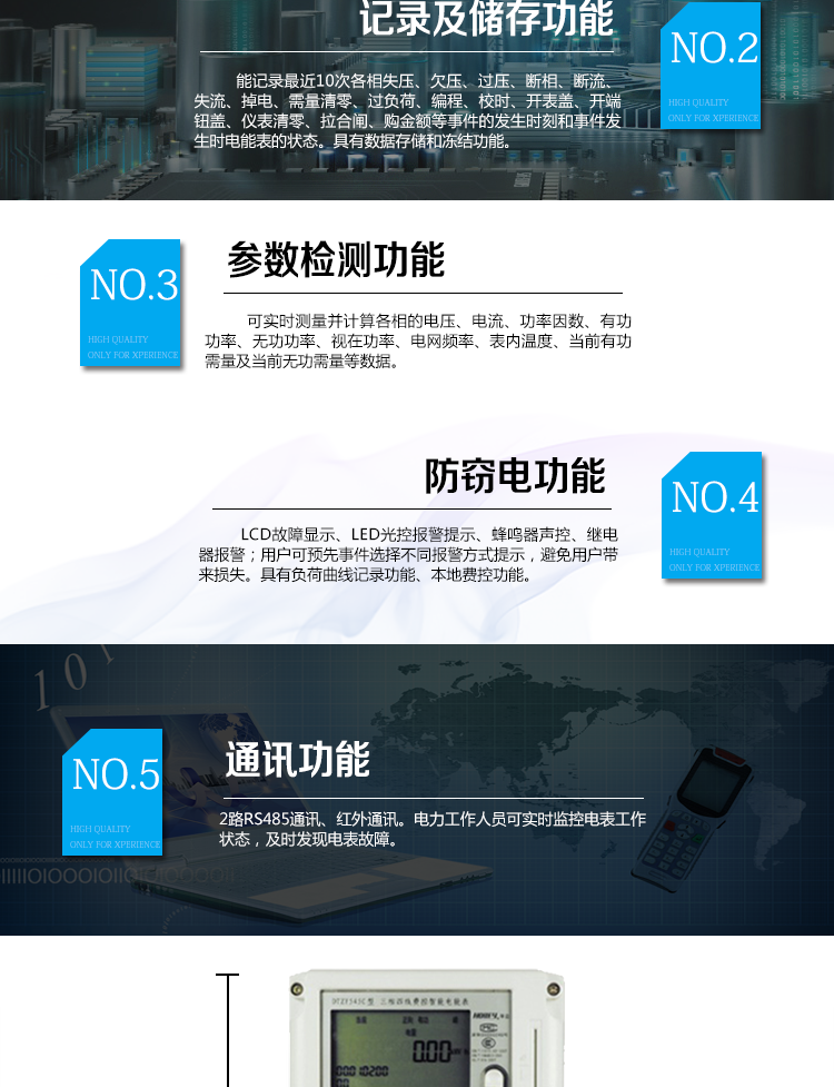 華立DTZY545C電能表主要功能　　具有正反向有功電能量和四象限無功電能量計(jì)量功能?！　⌒枇坑涗浌δ埽河涗浾⒎聪蛴泄σ约罢聪蛴泄Ω髻M(fèi)率最大需量及其出現(xiàn)的日期和時(shí)間。能存儲(chǔ)12個(gè)月的結(jié)算周期最大需量數(shù)據(jù)?！　【哂袛?shù)據(jù)存儲(chǔ)和凍結(jié)功能。　　事件記錄：能記錄最近10次各相失壓、欠壓、過壓、斷相、斷流、失流、掉電、需量清零、過負(fù)荷、編程、校時(shí)、開表蓋、開端鈕蓋、儀表清零、拉合閘、購金額等事件的發(fā)生時(shí)刻和事件發(fā)生時(shí)電能表的狀態(tài)?！　?shí)時(shí)參數(shù)檢測：可實(shí)時(shí)測量并計(jì)算各相的電壓、電流、功率因數(shù)、有功功率、無功功率、視在功率、電網(wǎng)頻率、表內(nèi)溫度、當(dāng)前有功需量及當(dāng)前無功需量等數(shù)據(jù)。　　具有故障報(bào)警及負(fù)荷曲線記錄功能、本地費(fèi)控功能?！? 通訊功能：RS485通訊、紅外通訊。