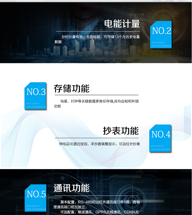 主要功能
　　寬視角、大屏幕液晶顯示，具有豐富的狀態(tài)指示與漢字輔助提示信息;
　　分時(shí)計(jì)量正向有功電量、反向有功電量、四象限無功電量，支持組合有功及四象限無功任意組合;計(jì)量分相的正向有功、反向有功和四象限無功電量;
　　分時(shí)計(jì)量正向有功、反向有功和四象限無功最大需量及發(fā)生時(shí)間;
　　最多可存儲(chǔ)13個(gè)月歷史電能和需量記錄，電量數(shù)據(jù)支持最多一月三次結(jié)算;
　　最大8費(fèi)率(增加IC卡預(yù)付費(fèi)功能后最大4費(fèi)率)，主副兩套時(shí)段，時(shí)鐘雙備份自動(dòng)糾錯(cuò);
　　雙備份數(shù)據(jù)存儲(chǔ)，自動(dòng)參數(shù)糾錯(cuò);
　　可設(shè)置6類數(shù)據(jù)記錄負(fù)荷曲線，存儲(chǔ)容量達(dá)到2M字節(jié);
　　全面的事件記錄種類，具有防竊電開蓋檢測功能;
　　記錄并存儲(chǔ)13個(gè)月的電壓質(zhì)量統(tǒng)計(jì)數(shù)據(jù);
　　豐富的自檢、糾錯(cuò)和報(bào)警功能;