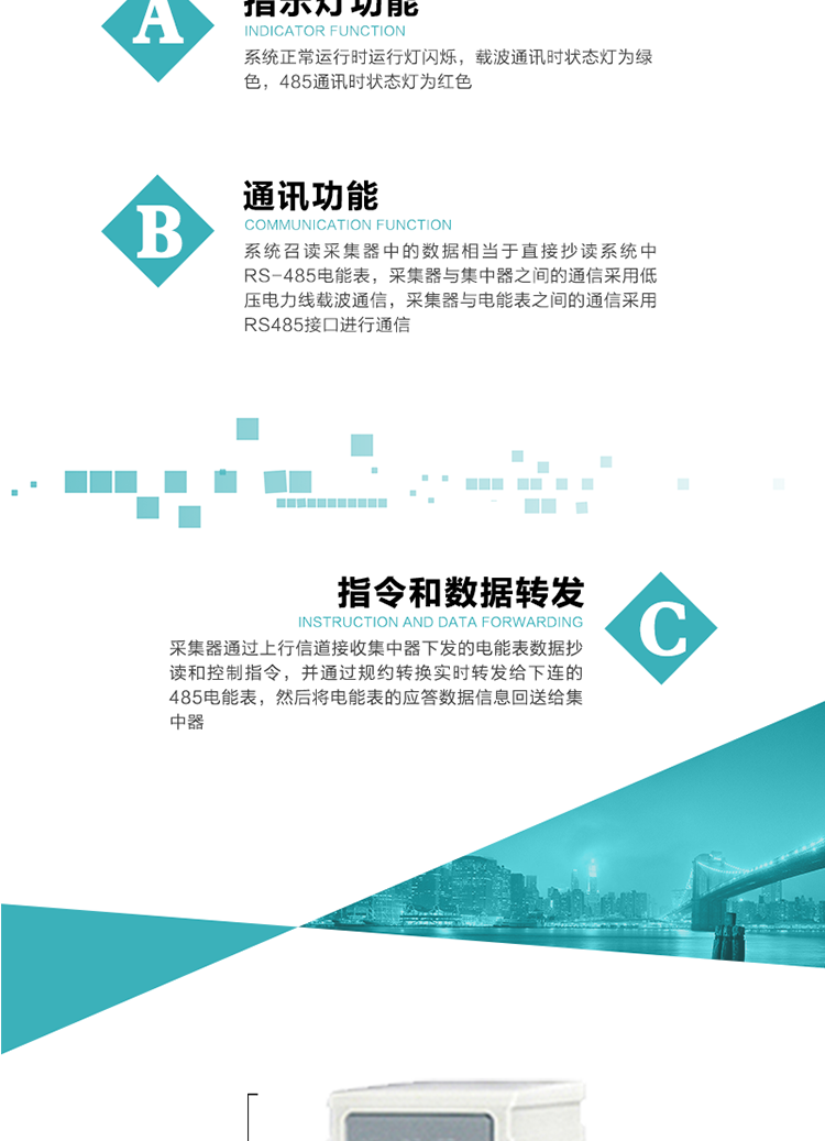 功能及特點(diǎn)：
1、 通訊功能，系統(tǒng)召讀采集器中的數(shù)據(jù)相當(dāng)于直接抄讀系統(tǒng)中RS-485電能表，采集器與集中器之間的通信采用低壓電力線載波通信，采集器與電能表之間的通信采用RS485接口進(jìn)行通信
2、 指令和數(shù)據(jù)轉(zhuǎn)發(fā)功能，采集器通過(guò)上行信道接收集中器下發(fā)的電能表數(shù)據(jù)抄讀和控制指令，并通過(guò)規(guī)約轉(zhuǎn)換實(shí)時(shí)轉(zhuǎn)發(fā)給下連的485電能表，然后將電能表的應(yīng)答數(shù)據(jù)信息回送給集中器。
3、 指示燈功能，系統(tǒng)正常運(yùn)行時(shí)運(yùn)行燈閃爍，載波通訊時(shí)狀態(tài)燈為綠色，485通訊時(shí)狀態(tài)燈為紅色