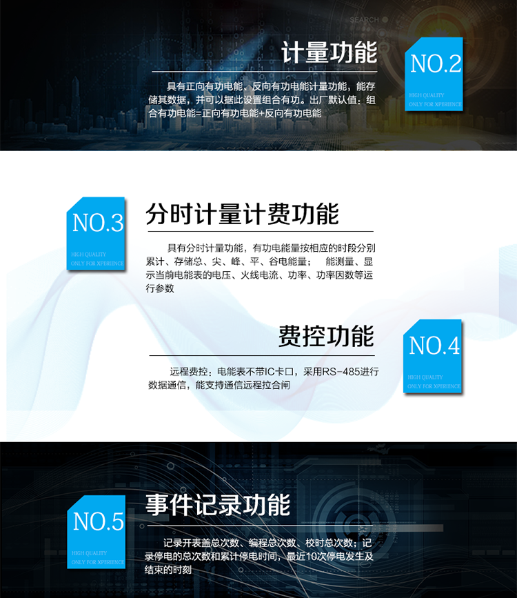 主要功能：
具有雙向分時(shí)計(jì)量、信息存儲及處理、測量及監(jiān)測、數(shù)據(jù)凍結(jié)、安全認(rèn)證、遠(yuǎn)程費(fèi)控、停電抄表等功能，記錄各類事件。
通訊方式：485通訊，紅外通訊，相互獨(dú)立。