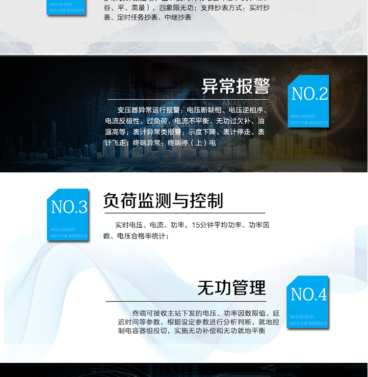 遠程抄表：
抄錄表計數(shù)據(jù)項：正、反向有功電量（總、尖、峰、谷、平、需量），四象限無功；支持抄表方式：實時抄表、定時任務抄表、中繼抄表；
異常報警：
變壓器異常運行報警：電壓斷缺相、電壓逆相序、電流反極性、過負荷、電流不平衡、無功過欠補、油溫高等；
表計異常類報警：示度下降、表計停走、表計飛走；
終端異常：終端停（上）電；