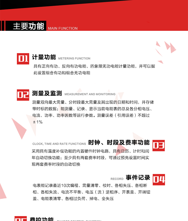主要功能
1. 電能計量
具有正向有功、反向有功電能、四象限無功電能計量功能，并可以據(jù)此設(shè)置組合有功和組合無功電能。
2. 需量計量
測量雙向最大需量、分時段最大需量及其出現(xiàn)的日期和時間，并存儲帶時標(biāo)的數(shù)據(jù)。
3. 測量及監(jiān)測
能測量、記錄、顯示當(dāng)前電能表的總及各分相電壓、電流、功率、功率因數(shù)等運行參數(shù)。測量誤差（引用誤差）不超過±1%。
4. 時鐘、時段及費率功能
采用具有溫度補償功能的內(nèi)置硬件時鐘電路，具有日歷、計時和閏年自動切換功能。內(nèi)部時鐘端子輸出頻率為1Hz。至少具有兩套費率時段，可通過預(yù)先設(shè)置時間實現(xiàn)兩套費率時段的自動切換。每套費率時段全年至少可設(shè)置2個時區(qū)，24小時內(nèi)至少可以設(shè)置8個時段，時段最小間隔為15分鐘，并且時段間隔大于表內(nèi)設(shè)定的需量周期值，時段可跨越零點設(shè)置。
5. 費控功能 
電能表費控功能的實現(xiàn)方式通過CPU卡等固態(tài)介質(zhì)實現(xiàn)。具有兩套階梯電價計費方式，并可在設(shè)置時間點啟用另一套階梯電價計費。
6. 無線通信
通過無線通信與主站通信。支持在安全認(rèn)證前提下，通過無線網(wǎng)絡(luò)信道修改費率時段表及電價。
7. 事件記錄
電表能記錄最近10次編程、需量清零、校時、各相失壓、各相斷相、各相失流、電流不平衡、電壓（流）逆相序、開表蓋、開端鈕蓋、電能表清零、各相過負(fù)荷、掉電、全失壓。
8. 凍結(jié)
具有定時凍結(jié)、瞬時凍結(jié)、約定凍結(jié)和日凍結(jié)功能。
9.　負(fù)荷記錄
記錄正反向有功總電能、無功總電能、四象限無功總電能、組合有功、組合無功1、組合無功2，負(fù)荷記錄間隔時間可以在1～60min范圍內(nèi)設(shè)置，時間間隔為1min的情況下可記錄不少于40天的數(shù)據(jù)容量。
10. 停電抄表
在停電狀態(tài)下，能通過按鍵或非接觸方式喚醒電能表，抄讀電能量等數(shù)據(jù)。
11. 擴展功能
計量視在電能、諧波電壓、電流、電量的監(jiān)測、電能質(zhì)量監(jiān)測和計算鐵損、銅損。 
