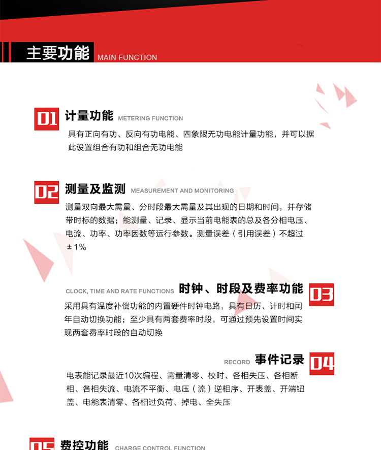 主要功能
1. 　電能計量
具有正向有功、反向有功電能、四象限無功電能計量功能，并可以據此設置組合有功和組合無功電能。
2. 　需量計量
測量雙向最大需量、分時段最大需量及其出現(xiàn)的日期和時間，并存儲帶時標的數(shù)據。
3. 　測量及監(jiān)測
能測量、記錄、顯示當前電能表的總及各分相電壓、電流、功率、功率因數(shù)等運行參數(shù)。測量誤差（引用誤差）不超過±1%。
4. 　時鐘、時段及費率功能
采用具有溫度補償功能的內置硬件時鐘電路，具有日歷、計時和閏年自動切換功能。內部時鐘端子輸出頻率為1Hz。至少具有兩套費率時段，可通過預先設置時間實現(xiàn)兩套費率時段的自動切換。每套費率時段全年至少可設置2個時區(qū)，24小時內至少可以設置8個時段，時段最小間隔為15分鐘，并且時段間隔大于表內設定的需量周期值，時段可跨越零點設置。
5. 　費控功能 
電能表費控功能的實現(xiàn)方式通過公網等虛擬介質和遠程售電系統(tǒng)實現(xiàn)。
6. 　無線通信
通過無線通信與主站通信。支持在安全認證前提下，通過無線網絡信道修改費率時段表及電價。
7. 　事件記錄
電表能記錄最近10次編程、需量清零、校時、各相失壓、各相斷相、各相失流、電流不平衡、電壓（流）逆相序、開表蓋、開端鈕蓋、電能表清零、各相過負荷、掉電、全失壓。
8. 　凍結
具有定時凍結、瞬時凍結、約定凍結和日凍結功能。
9.　 負荷記錄
記錄正反向有功總電能、無功總電能、四象限無功總電能、組合有功、組合無功1、組合無功2，負荷記錄間隔時間可以在1～60min范圍內設置，時間間隔為1min的情況下可記錄不少于40天的數(shù)據容量。
10. 　停電抄表
在停電狀態(tài)下，能通過按鍵或非接觸方式喚醒電能表，抄讀電能量等數(shù)據。
11. 擴展功能
計量視在電能、諧波電壓、電流、電量的監(jiān)測、電能質量監(jiān)測和計算鐵損、銅損。 
