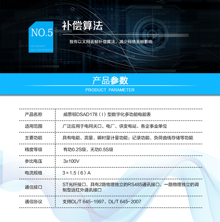 技術(shù)指標(biāo)
技術(shù)參數(shù)項(xiàng)目	項(xiàng)目?jī)?nèi)容
技術(shù)標(biāo)準(zhǔn)	GB/T&nbsp;17215.322-2008&nbsp;&nbsp;GB/T&nbsp;17215.323-2008&nbsp;&nbsp;DL/T&nbsp;614-2007
Q/GDW&nbsp;357-2009&nbsp;&nbsp;Q/GDW&nbsp;358-2009
通訊接口	與過(guò)程層通訊接口（可根據(jù)用戶(hù)要求定制）：
ST光纖接口，多模，波長(zhǎng)1300nm，100Mbps
&nbsp;	與站控層或電量采集器通訊接口：
具有2路物理獨(dú)立的RS485通訊接口。
&nbsp;	本地維護(hù)通訊接口：
具有一路物理獨(dú)立的調(diào)制型遠(yuǎn)紅外通訊接口。
通訊協(xié)議	與過(guò)程層通訊協(xié)議：
支持IEC61850-9-1、IEC61850-9-2、IEC61850-9-2LE、GMRP標(biāo)準(zhǔn)
&nbsp;	與站控層或電量采集器通訊協(xié)議：
支持DL/T&nbsp;645-1997、DL/T&nbsp;645-2007
&nbsp;	本地維護(hù)通訊協(xié)議：
支持DL/T&nbsp;645-2007
工作電源	雙路冗余外接電源供電，可任意接入一路或同時(shí)接入兩路。
兩路電源均為交直流自適應(yīng)，電源輸入范圍為85V～265V。
采樣速率	支持4～12.8kHz采樣
整機(jī)功耗	<10VA
工作溫度	-25℃～+55℃
相對(duì)濕度	≤95%(無(wú)凝露)
時(shí)鐘誤差	≤0.5s/d（23℃）
負(fù)荷曲線存儲(chǔ)容量	4Mbytes