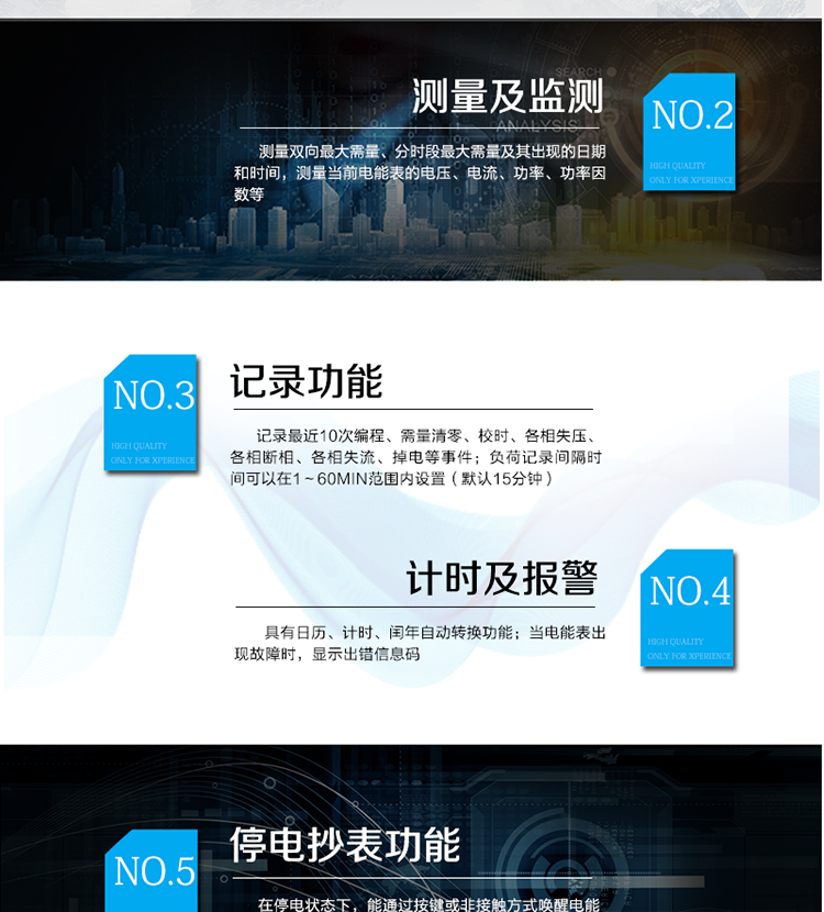 產(chǎn)品特點(diǎn)
采用專(zhuān)利技術(shù)開(kāi)關(guān)電源供電，寬電壓工作范圍
采用獨(dú)有的抗浪涌措施，防雷性能強(qiáng)
功耗低，整機(jī)功耗<=1W、2VA，溫升低，整機(jī)壽命長(zhǎng)
抗過(guò)壓能力強(qiáng)，避免接錯(cuò)線或弄錯(cuò)電壓等級(jí)而損壞電表，且能支持高過(guò)載倍數(shù)
板間無(wú)接插件，連接可靠；主機(jī)經(jīng)過(guò)三防處理，能適應(yīng)復(fù)雜氣候，提高了整機(jī)壽命和平均無(wú)故障工作時(shí)間
采用雙物理器件存儲(chǔ)參數(shù)、計(jì)費(fèi)電能數(shù)據(jù)；每個(gè)物理器件內(nèi)數(shù)據(jù)保存三份，確保在強(qiáng)干擾環(huán)境中參數(shù)和計(jì)費(fèi)數(shù)據(jù)完整、可靠
接口功能豐富：可提供雙路RS485接口，雙路負(fù)荷報(bào)警接口，四路電能脈沖輸出，一路時(shí)鐘脈沖輸出，停電抄表輸入
豐富的軟件模塊，功能擴(kuò)展方便，可擴(kuò)展電壓及功率因數(shù)合格率等電能質(zhì)量數(shù)據(jù)、可存儲(chǔ)半年以上的大容量負(fù)荷曲線數(shù)據(jù)等
采用模塊化設(shè)計(jì)，GPRS/CDMA模塊與計(jì)量模塊獨(dú)立，安裝方便，可后期擴(kuò)充
采用業(yè)內(nèi)先進(jìn)的GPRS/CDMA模塊，可快速安全的實(shí)現(xiàn)數(shù)據(jù)連接，永久在線
可以當(dāng)?shù)?遠(yuǎn)方修改參數(shù)，并且支持當(dāng)?shù)?遠(yuǎn)方軟件在線升級(jí)
支持GPRS、CSD、SMS、CDMA等通訊方式，并支持VPN虛擬專(zhuān)網(wǎng)及公網(wǎng)等多種組網(wǎng)模式
采用超級(jí)電容和鋰電池兩種停電后備方式，保證停電報(bào)警功能可靠
綜合防竊電功能：
&nbsp;&nbsp;&nbsp;&nbsp;硬件方面：采用防竊電外殼，并有相應(yīng)的施封點(diǎn)，用電戶(hù)在不破壞鉛封的前提下，無(wú)法改動(dòng)電壓電流線，也無(wú)法對(duì)編程按鍵操作來(lái)改動(dòng)電表參數(shù)
&nbsp;&nbsp;&nbsp;&nbsp;軟件方面：三級(jí)密碼防護(hù)
在線實(shí)時(shí)監(jiān)測(cè)，并通過(guò)用電異常信息的記錄及主動(dòng)上傳（通過(guò)GPRS/CDMA網(wǎng)絡(luò)上傳失壓、斷相、掉電/上電、過(guò)壓等異常事件）進(jìn)行防竊電報(bào)警
電表自檢信息記錄及上報(bào)（硬件故障、時(shí)鐘故障、電池電壓低等）