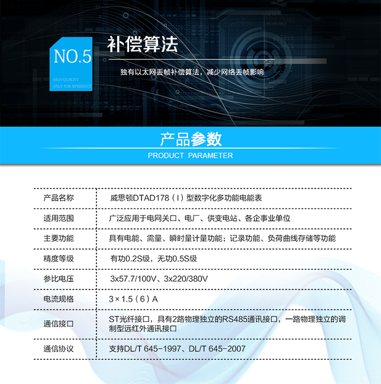 技術(shù)指標(biāo)
技術(shù)參數(shù)項(xiàng)目	項(xiàng)目?jī)?nèi)容
技術(shù)標(biāo)準(zhǔn)	GB/T&nbsp;17215.322-2008&nbsp;&nbsp;GB/T&nbsp;17215.323-2008&nbsp;&nbsp;DL/T&nbsp;614-2007
Q/GDW&nbsp;357-2009&nbsp;&nbsp;Q/GDW&nbsp;358-2009
通訊接口	與過(guò)程層通訊接口（可根據(jù)用戶要求定制）：
ST光纖接口，多模，波長(zhǎng)1300nm，100Mbps
&nbsp;	與站控層或電量采集器通訊接口：
具有2路物理獨(dú)立的RS485通訊接口。
&nbsp;	本地維護(hù)通訊接口：
具有一路物理獨(dú)立的調(diào)制型遠(yuǎn)紅外通訊接口。
通訊協(xié)議	與過(guò)程層通訊協(xié)議：
支持IEC61850-9-1、IEC61850-9-2、IEC61850-9-2LE、GMRP標(biāo)準(zhǔn)
&nbsp;	與站控層或電量采集器通訊協(xié)議：
支持DL/T&nbsp;645-1997、DL/T&nbsp;645-2007
&nbsp;	本地維護(hù)通訊協(xié)議：
支持DL/T&nbsp;645-2007
工作電源	雙路冗余外接電源供電，可任意接入一路或同時(shí)接入兩路。
兩路電源均為交直流自適應(yīng)，電源輸入范圍為85V～265V。
采樣速率	支持4～12.8kHz采樣
整機(jī)功耗	<10VA
工作溫度	-25℃～+55℃
相對(duì)濕度	≤95%(無(wú)凝露)
時(shí)鐘誤差	≤0.5s/d（23℃）
負(fù)荷曲線存儲(chǔ)容量	4Mbytes